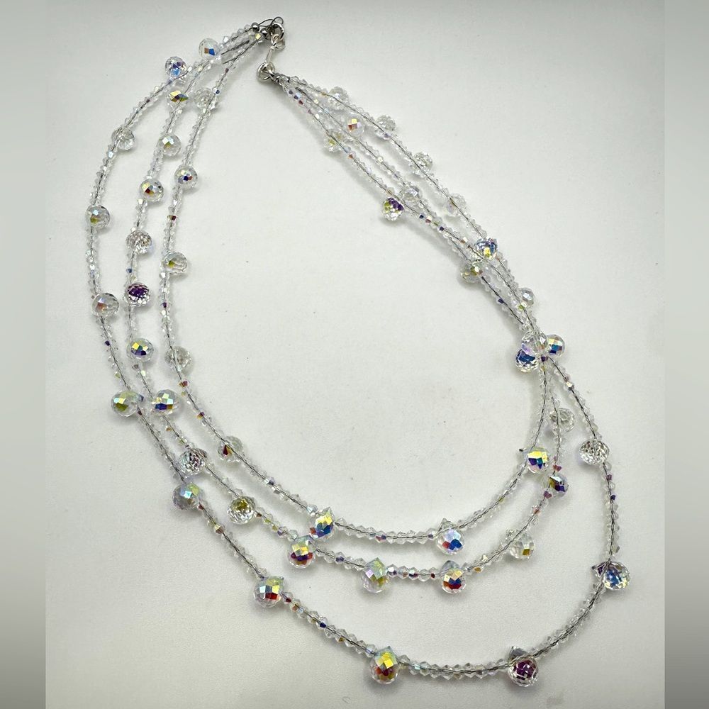 Three strands faceted glass, Aurora Borealis beaded necklace with s925 hardware!